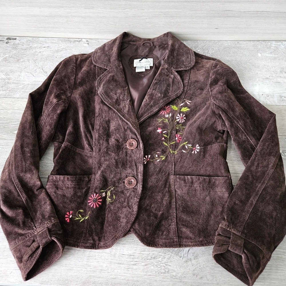 Live A Little Suede Brown Floral Velvet Blazer Boho Coastal Jacket Jr‎ Size M